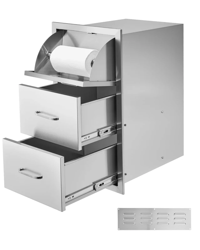 VEVOR 16.5"W x 29"H x 20.5"D Triple Access Drawers, Stainless Steel Flush Mount Cabinets, BBQ Island Drawers Storage with Paper Towel Holder & Handle, for Patio Grill Station - Image 1