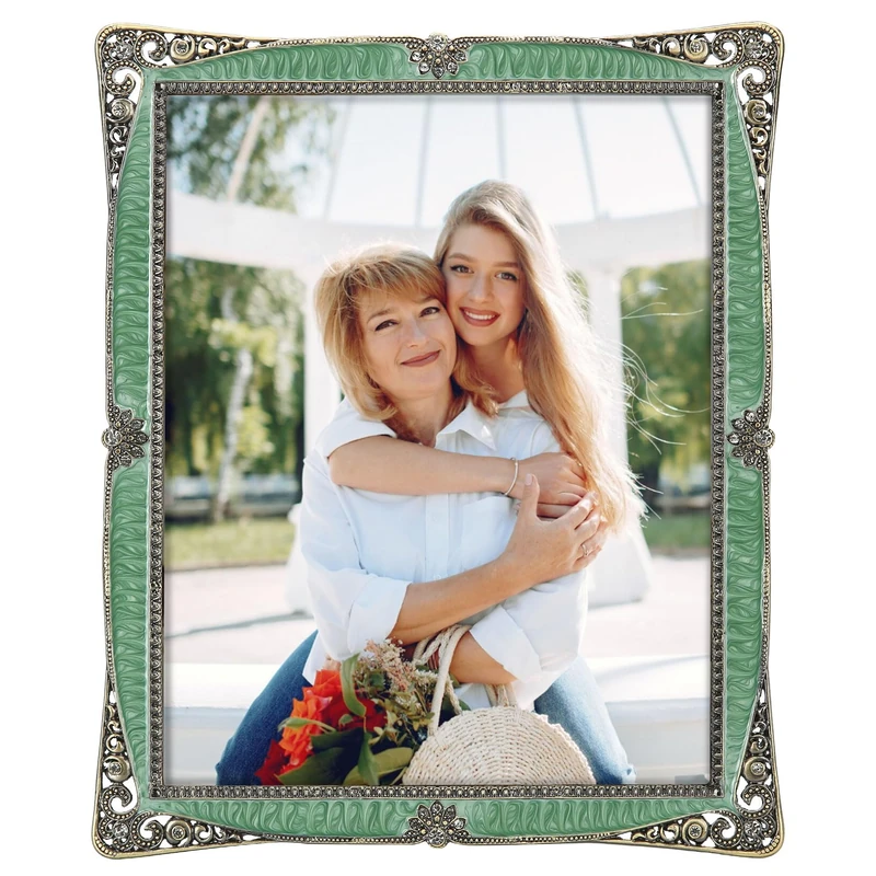8x10 Vintage Picture Frame with Green Metal Brass Pearl for Wedding Decoration Photo Frame, Clear Glass Front Cover Ornate Antique Art Tabletop Display Unique Gifts, Horizontally & Vertically