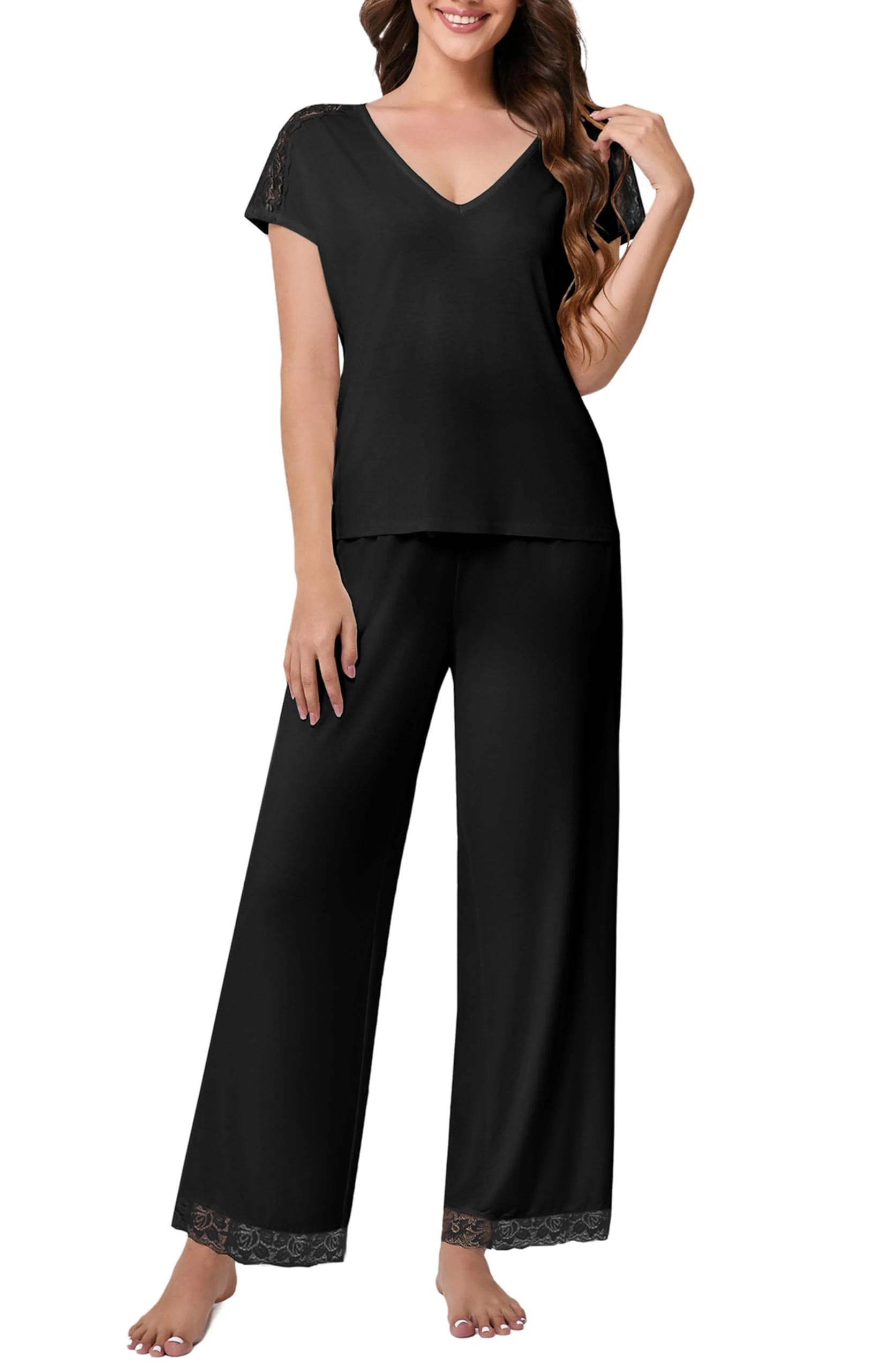 softconnection Women’s Viscose-Spandex Lace Pyjama Set, Short Sleeve V-Neck Top & Wide Leg Long Trousers with Pockets & Adjustable Waistband (UK, Alpha, M, Regular, Regular, Black)