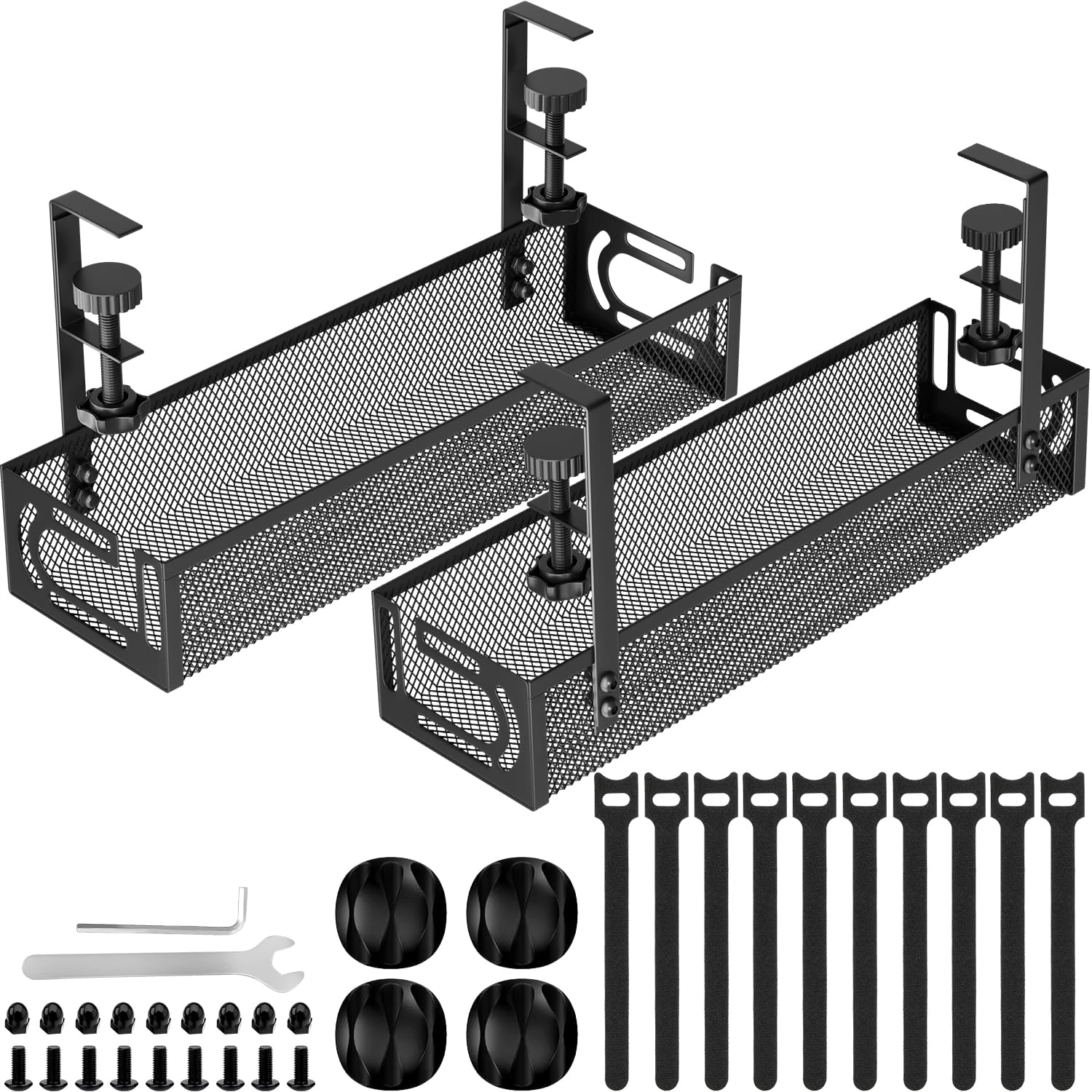 Tivddikun Cable Management, 2 Pack Under Desk Cable Management Tray No Drill, Metal Mesh Wire Organiser with Clamp for Standing Desk, Cable Organiser for Home Office, Black