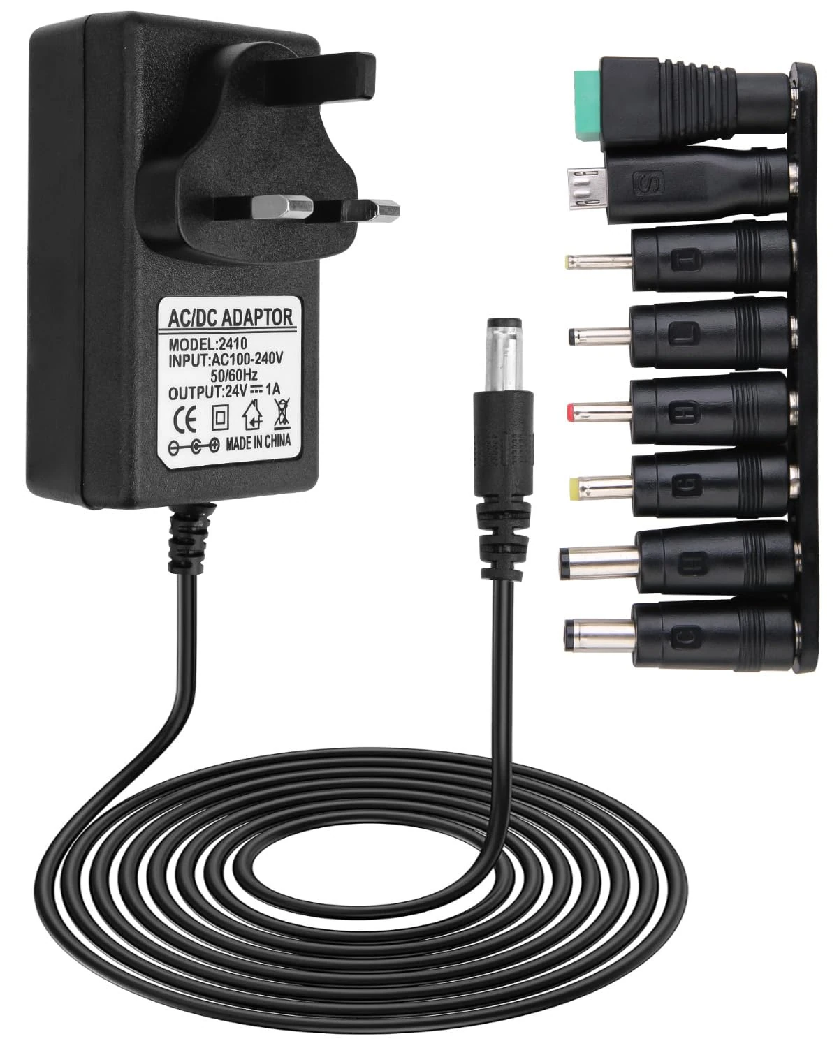 24V 1A Power Supply Adapter UK 100-240v 50/60hz AC to DC with 8 Replacement Tip Universal 5.5x2.1mm Multi Plug Charger for Household Electronics LED Strip Light Router Sound Bar Nail Lamp