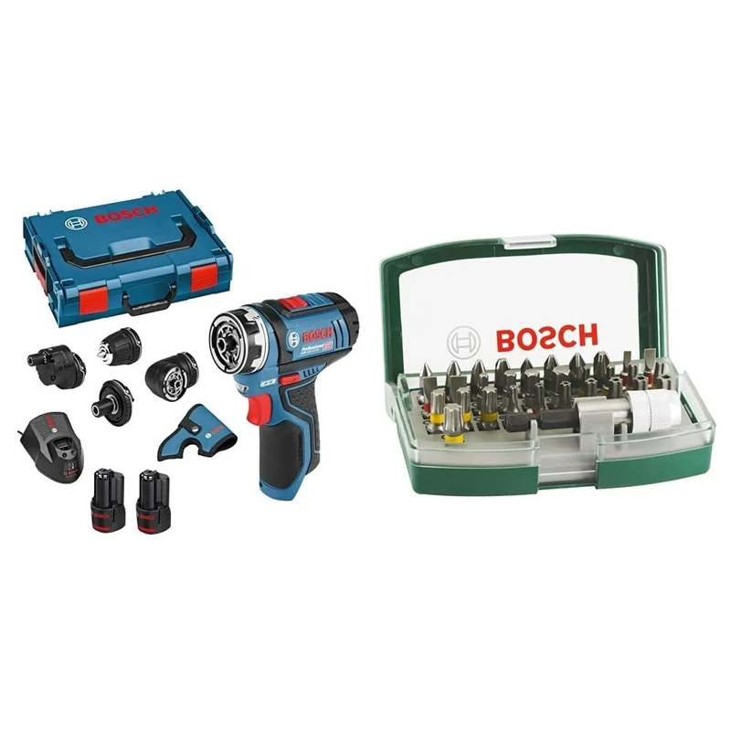 Bosch Professional 12V System Cordless Drill Driver GSR 12V-15 FC (2X Battery GBA 12V 2.0Ah, Charger GAL 12V-40) + 32pc. Screwdriver Bit Set (PH-, PZ-, Hex-, T-, TH-, S-Bit, Accessories)