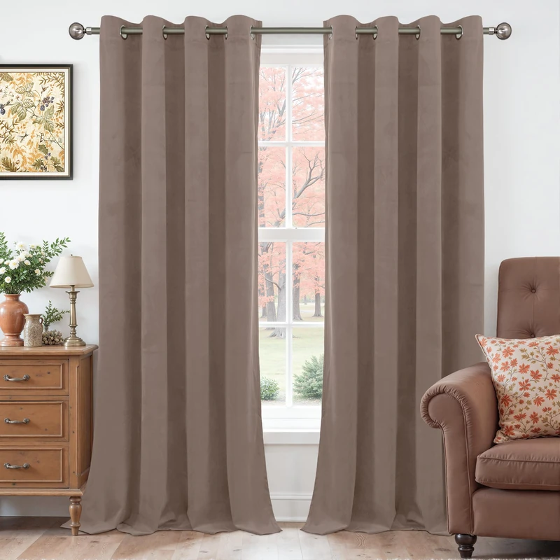 YoungsTex Extra Long Velvet Curtains 96 Inch Length 2 Panels for Living Room, Camel Thermal Insulated Blackout Drapes with Grommet Privacy for Sliding Door Bedroom, 2 Panels, 52 X 96 Inch