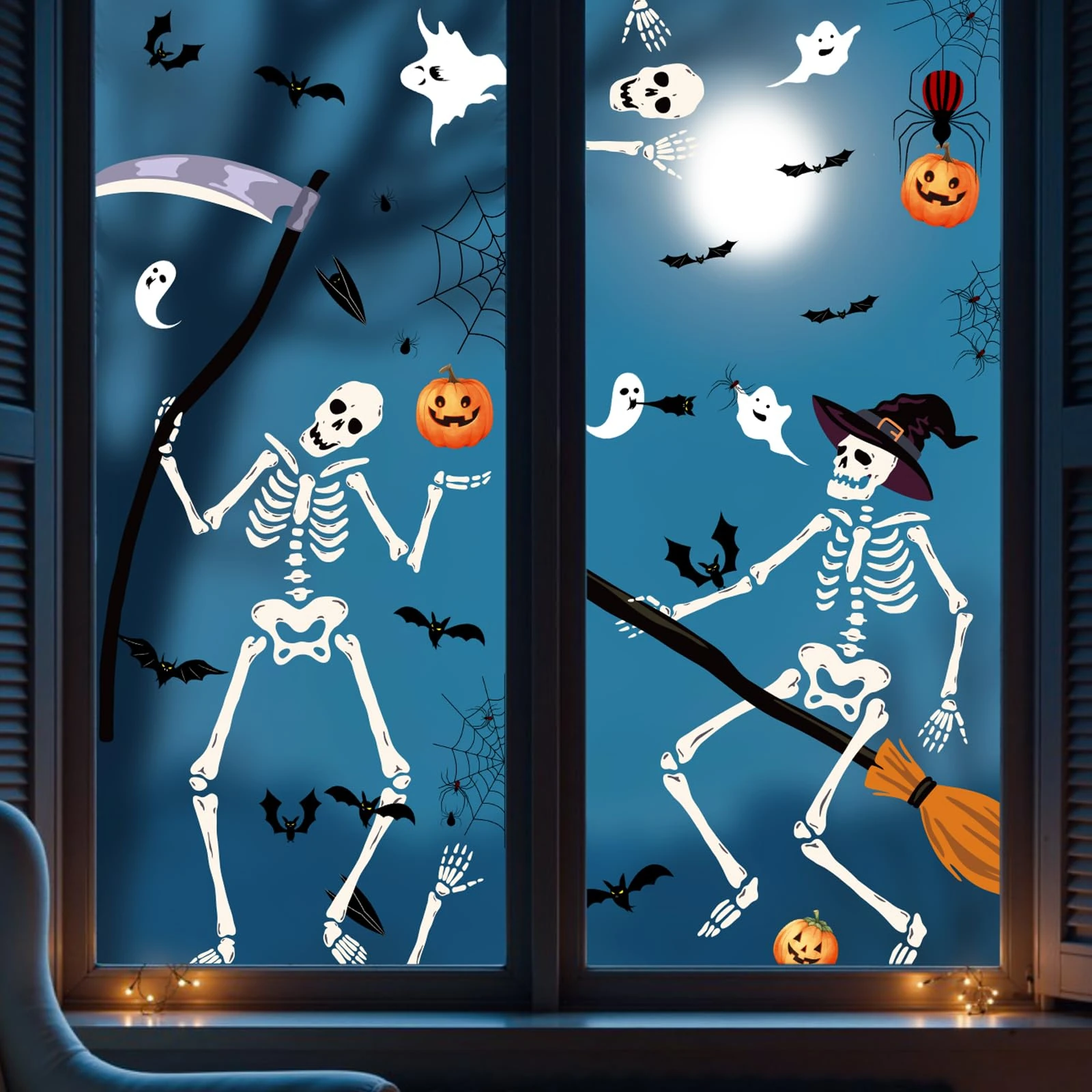 Halloween Window Stickers,Etopgo Large 9 Sheets Reusable Skeleton Ghost Sticker for Halloween Decoration Window,Door,Glass