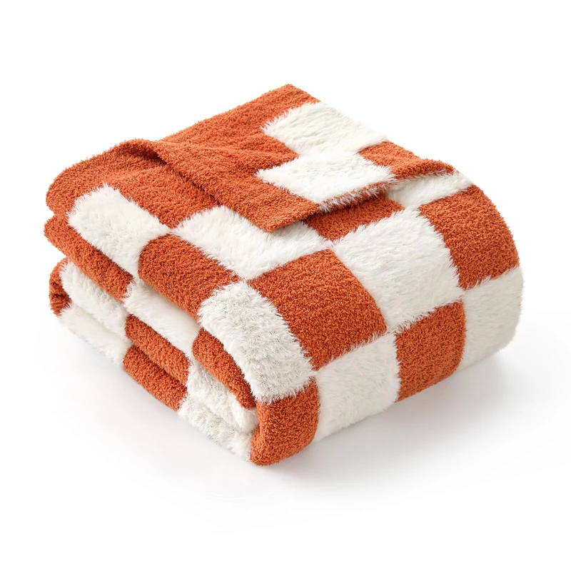 Snuggle Sac Orange Throw Blanket for Fall,Soft Twin Size Fall Checkered Blanket for Couch, Cozy Faux Fur Knit Microfiber Blankets for Sofa, Bed, Orange Checker,60x80 inches