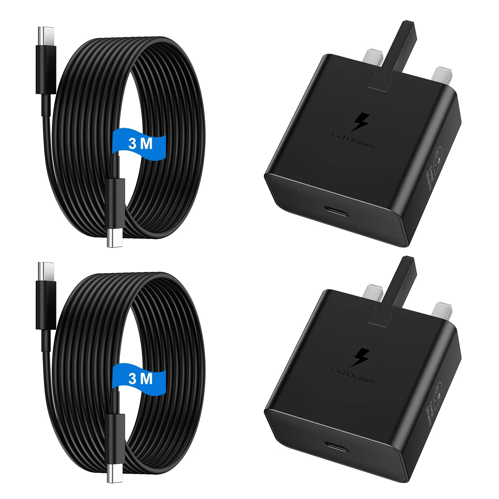 Samsung Fast Charger USB C Plug with USB C Cable 3M Long 25W Type C Super Fast Phone Charging Android Adaptor UK 2-Pack for Galaxy S25 Ultra/S24/S23/S22/S21/iPhone 17/17 Air/17 Pro/Max/16/15 Black