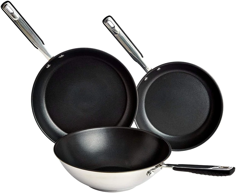 Amazon Basics Non-Stick Frying Pan and Wok Set, Ceramic Stainless Steel Cookware, 24cm and 28cm Pans with 28cm Wok, Induction and Oven-Safe, 3-Piece