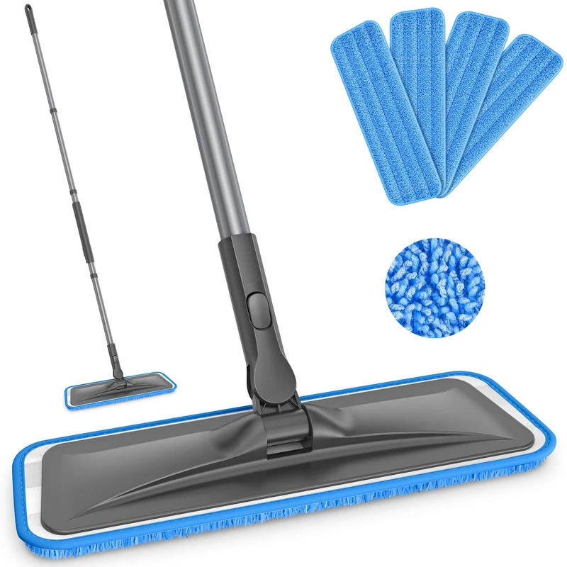 BPAWA Microfibre Mops for Cleaning Floors: Flat Floor Mop with 4 Washable Pads Wet Dry Mopping for Hard Wood Laminate Tile Vinyl Home Kitchen Surfaces Walls - 150cm Adjustable Handle