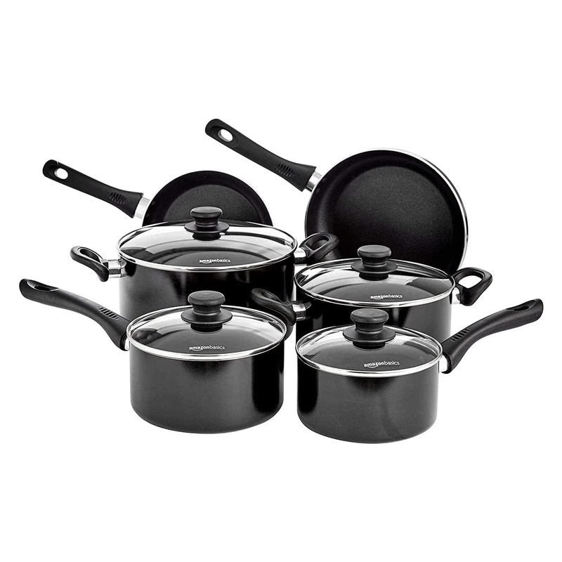 Amazon Basic sPot & Pan Sets, Ceramic Non-Stick Induction 6-Piece Cookware Set with Lids, Aluminium, Oven-Safe up to 150°C, Dishwasher-Safe