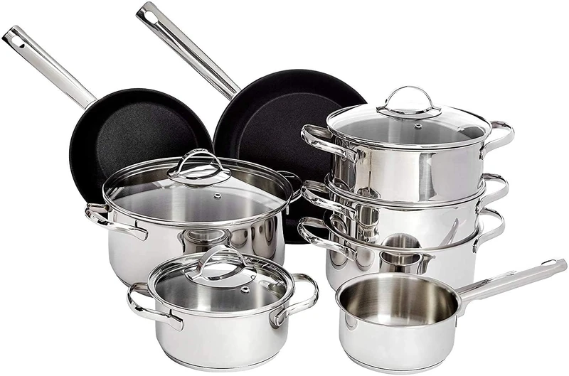 Amazon Basics Ceramic Non-Stick and Stainless Steel Induction Cookware 11-Piece Set, with Lids