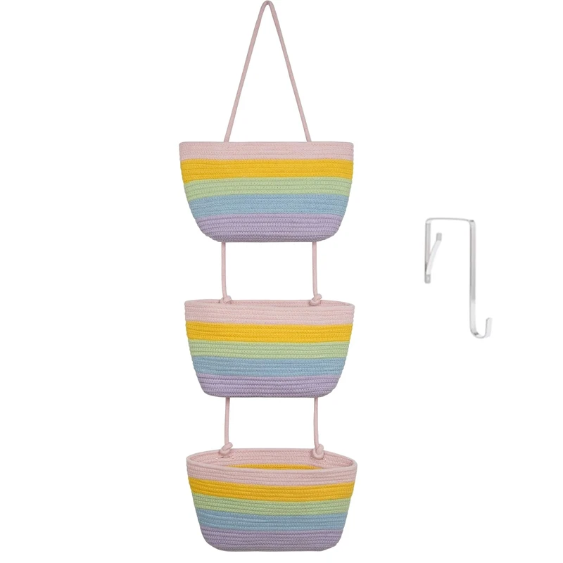 TeoKJ Over the Door Organizer, 3-Tier Woven Cotton Hanging Storage Baskets, Wall-Mounted Baskets for Nursery Organization, Rainbow