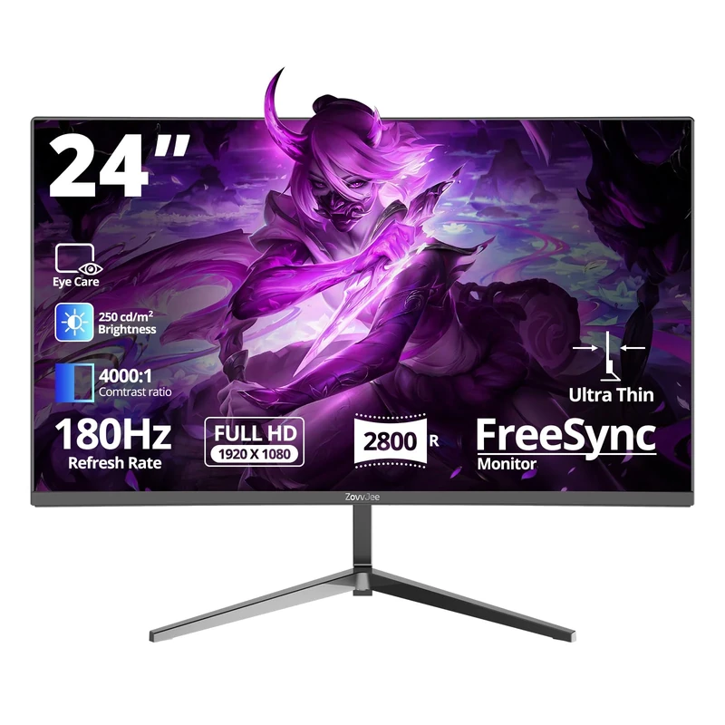 ZovvJee 24 Inch Curved Gaming Monitor180Hz, FHD 1080p 1ms Response, FreeSync, 100% sRGB, Ultra-Thin Bezel, 178° Viewing Angle, HDMI/DisplayPort, Mural 75x75mm - Black
