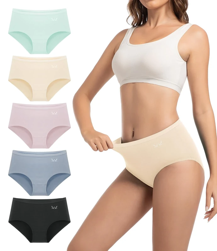 PULIOU Womens Knickers Ladies High Waisted Cotton Underwear Panties Briefs Full Back Coverage Comfy Stretchy Slight Tummy Contorl Multipack of 5