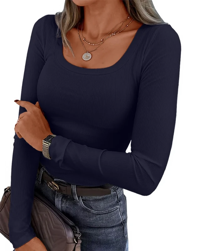 VAFFUL Women's Long Sleeve Basic Tops Ribbed Scoop Neck Slim Fit Tee Shirt Skims T-Shirt, navy, S