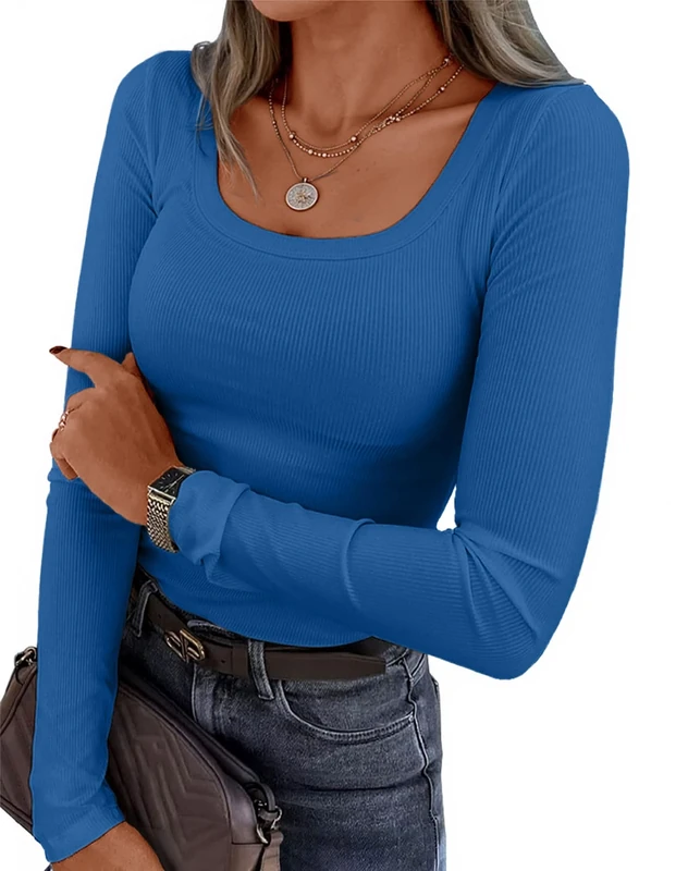 VAFFUL Women's Long Sleeve Basic Tops Ribbed Scoop Neck Slim Fit Tee Shirt Skims T-Shirt, blue, S