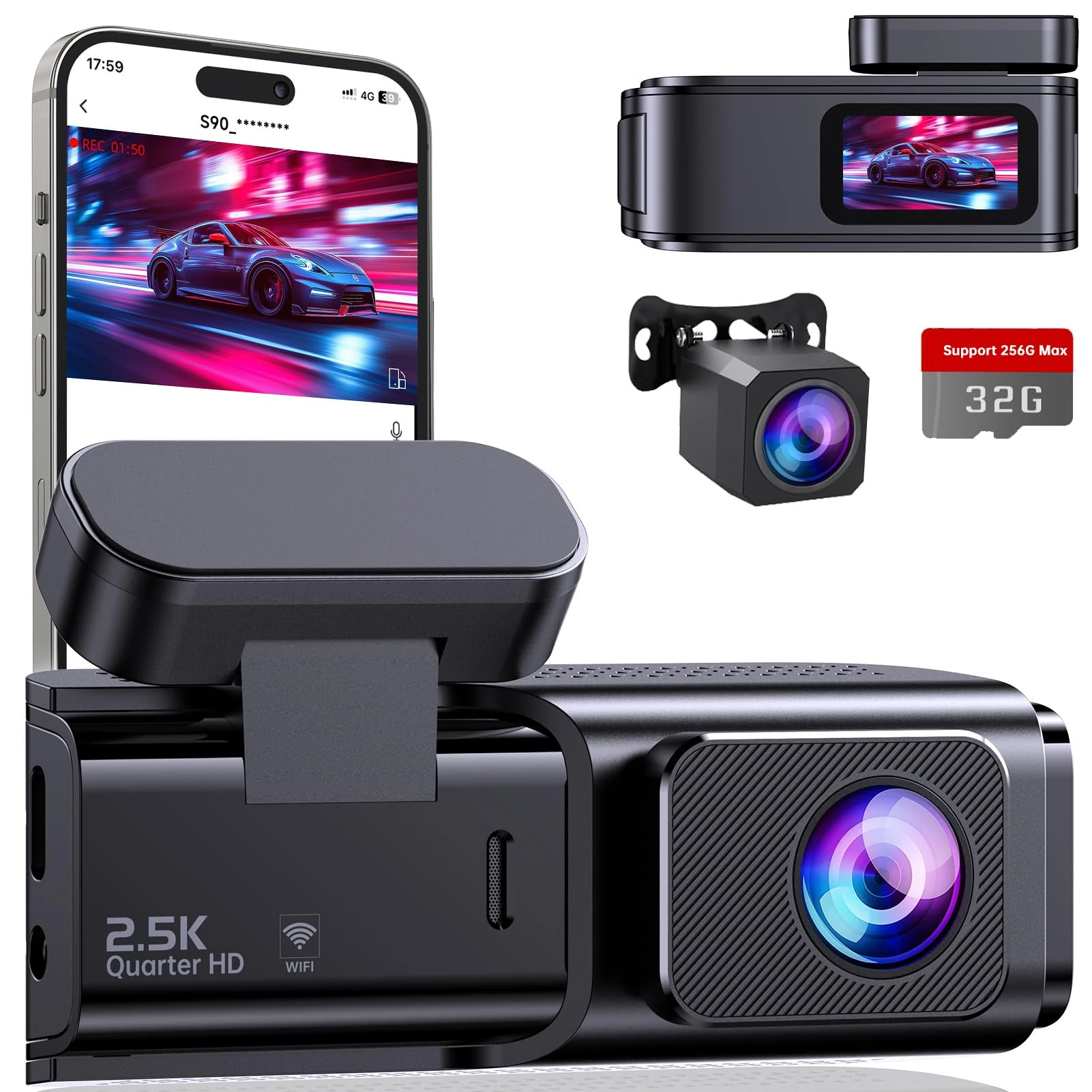 Dash Cam Front and Rear 2.5K+1080P, Ultra HD Dash Cam Built-in WiFi, Dual Car Camera with 32GB Card, 170°Wide Angle, Super Night Vision Dashcam with Parking Mode, G-Sensor, App Control, Loop Recording