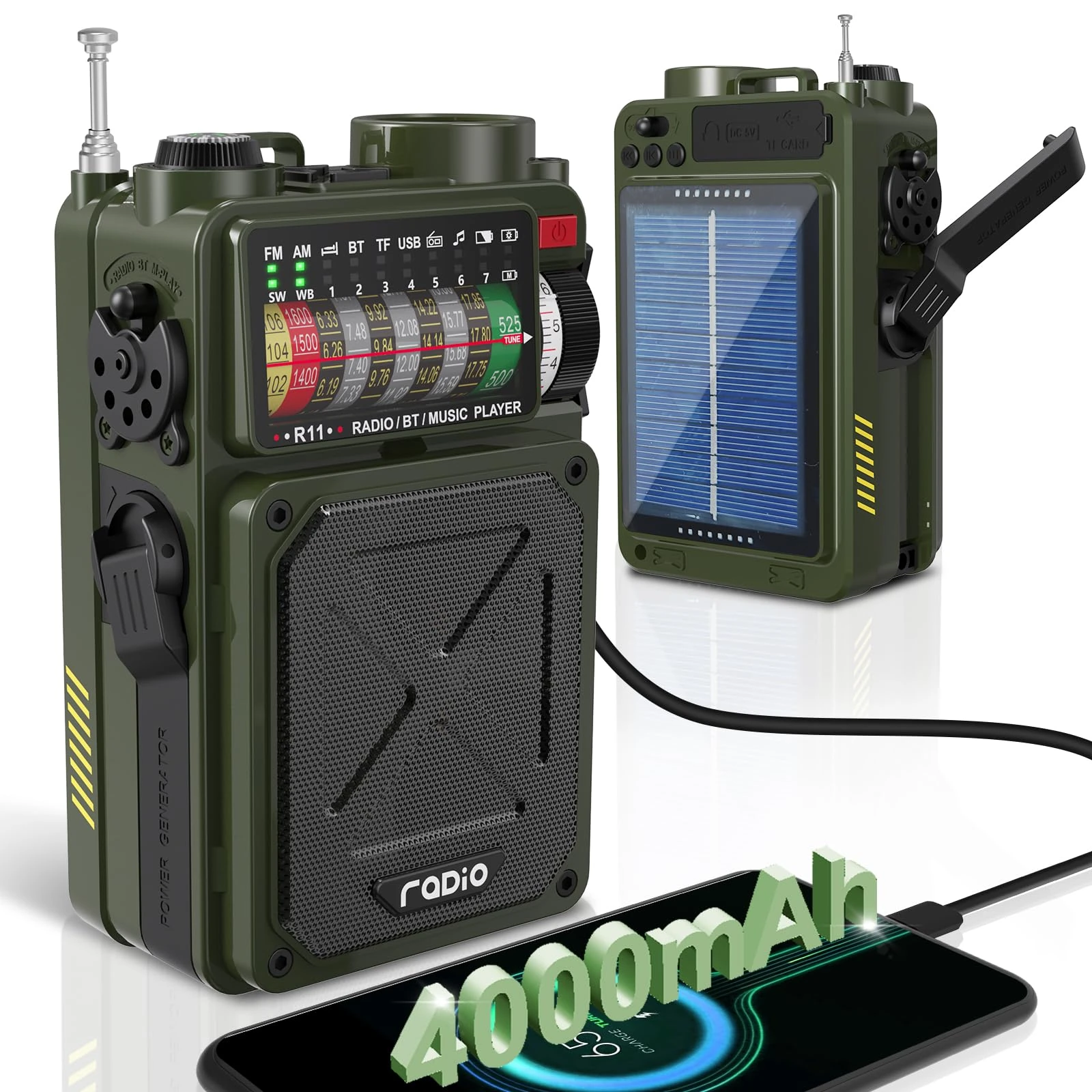 Wind Up Radio - AM/FM/SW Emergency Solar Radio with Bluetooth, 4000mAh Rechargeable Power Bank, Torch, SOS Alarm, Earphone Jack, SD Card, USB, Hand Crank for Camping Hiking, Army Green