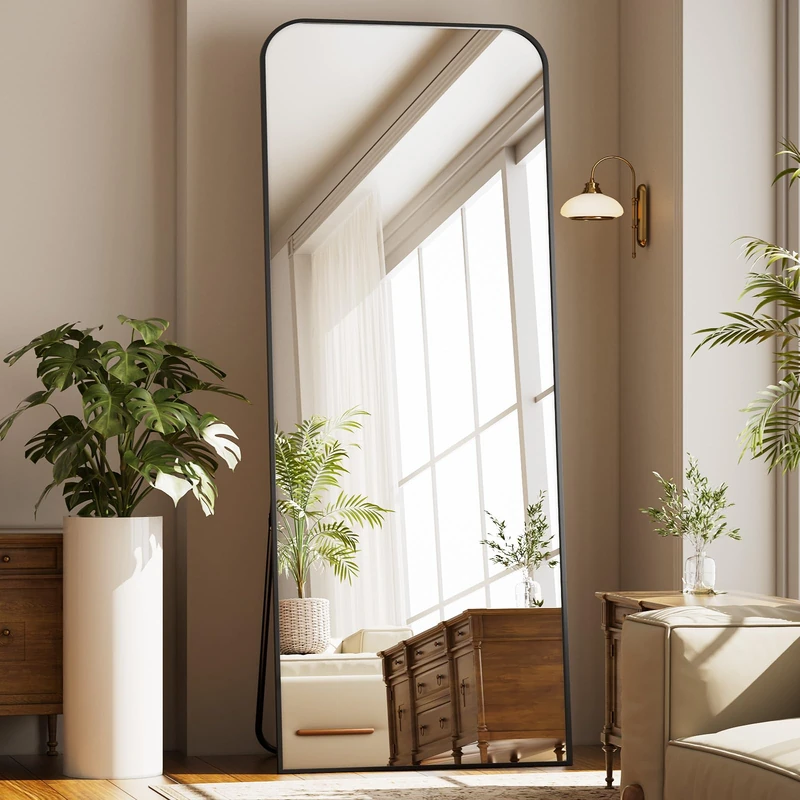 Koonmi Top Curved Large Mirror Full Length, 76 x 171 cm Free Standing with Stand, Large Floor Full Body Mirror with Round Corner on top, Hanging Wall Mounted for Bedroom, Living Room, Black