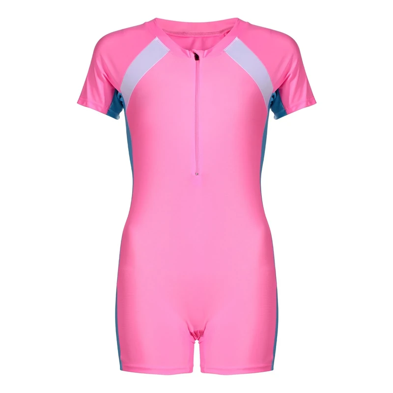 Lancry Swimming Costume for Boys Girls, One-Piece Kids Swimsuit, Short Sleeve Swimming Costume 6-14 Swimsuit Girls (UK, Age, 8 Years, 10 Years, Regular, Pink)