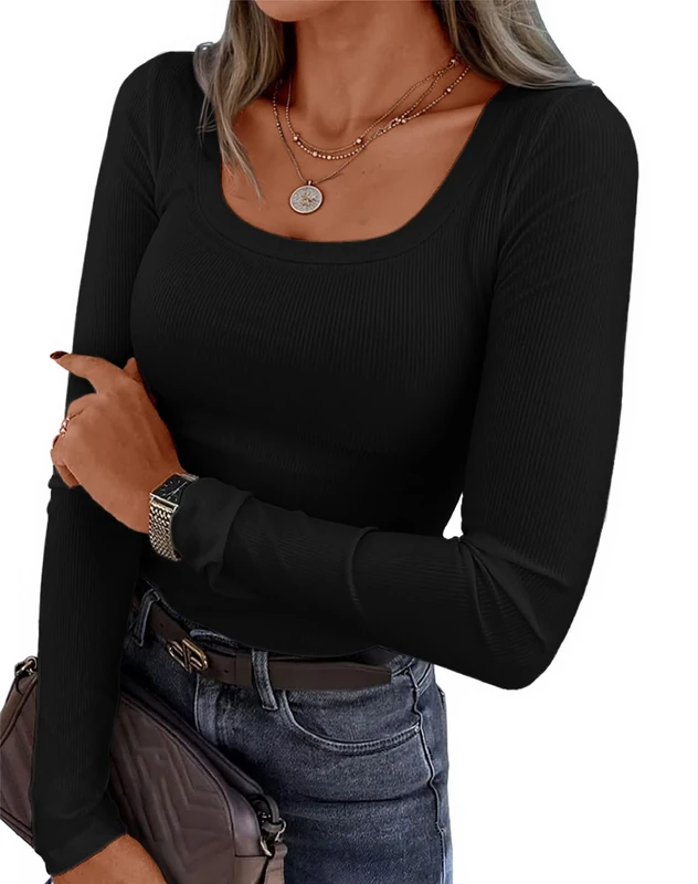 VAFFUL Women's Long Sleeve Basic Tops Ribbed Scoop Neck Slim Fit Tee Shirt Skims T-Shirt, black, M