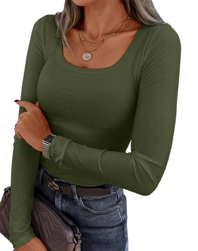 VAFFUL Women's Long Sleeve Basic Tops Ribbed Scoop Neck Slim Fit Tee Shirt Skims T-Shirt, Army Green, M