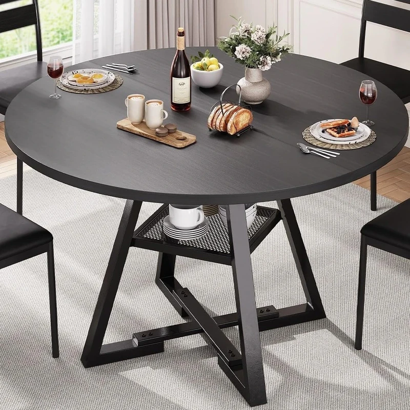 Jocoevol Round Dining Table for 2-4 People, Circle Dinner Table with Shelves, Space Saving Wood Kitchen & Dining Room Furniture (Black, 42 inch
