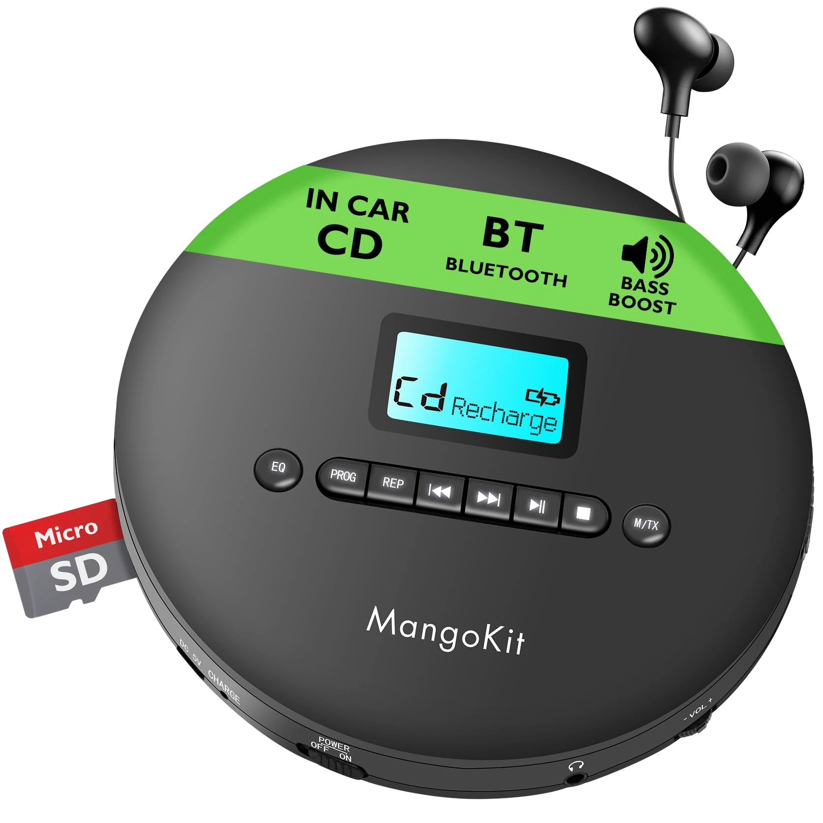 MangoKit CD-X Portable CD Player for Car with Bluetooth 5.3, MP3 Playback, Headphones–Personal CD Player with Anti-Skip, Rechargeable Battery–Compact Disc Player for Travel, Home, Language Learning