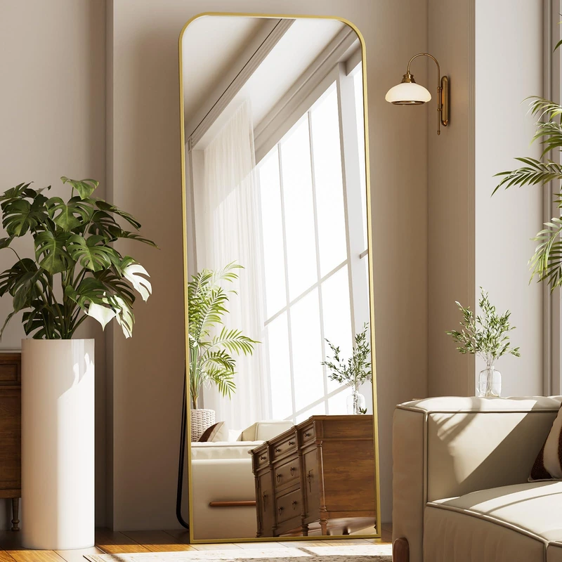 Koonmi Top Curved Large Mirror Full Length, 53 x 143 cm Free Standing with Stand, Large Floor Full Body Mirror with Round Corner on top, Hanging Wall Mounted for Bedroom, Living Room, Gold