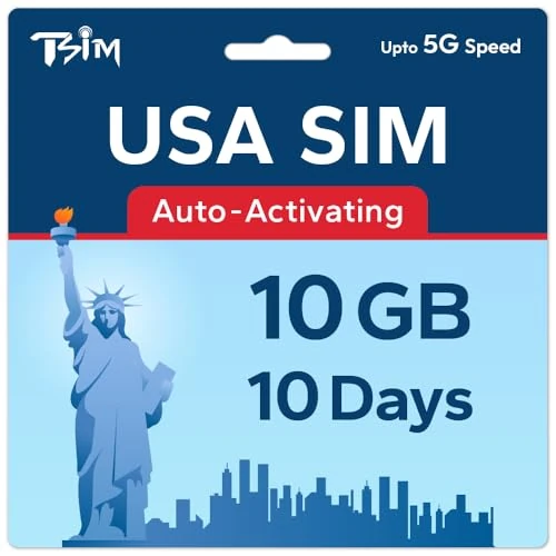 TSIM USA SIM Card 10 Day 10GB | High Coverage Multi-Operator 5G Network | Auto-Activating | Refillable Plan | Hotspot Allowed | Data Only