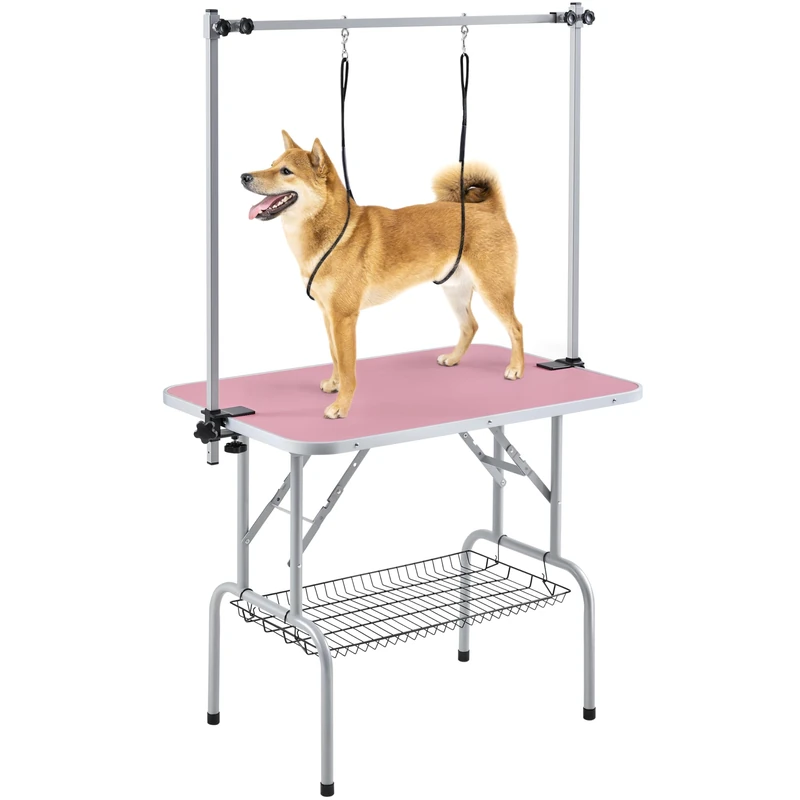 Yaheetech 91cm Pet Dog Grooming Table Height Adjustable Dog Beauty Table for Large Small Dogs w/Storage Basket/Noose Tools 164cm High Pink