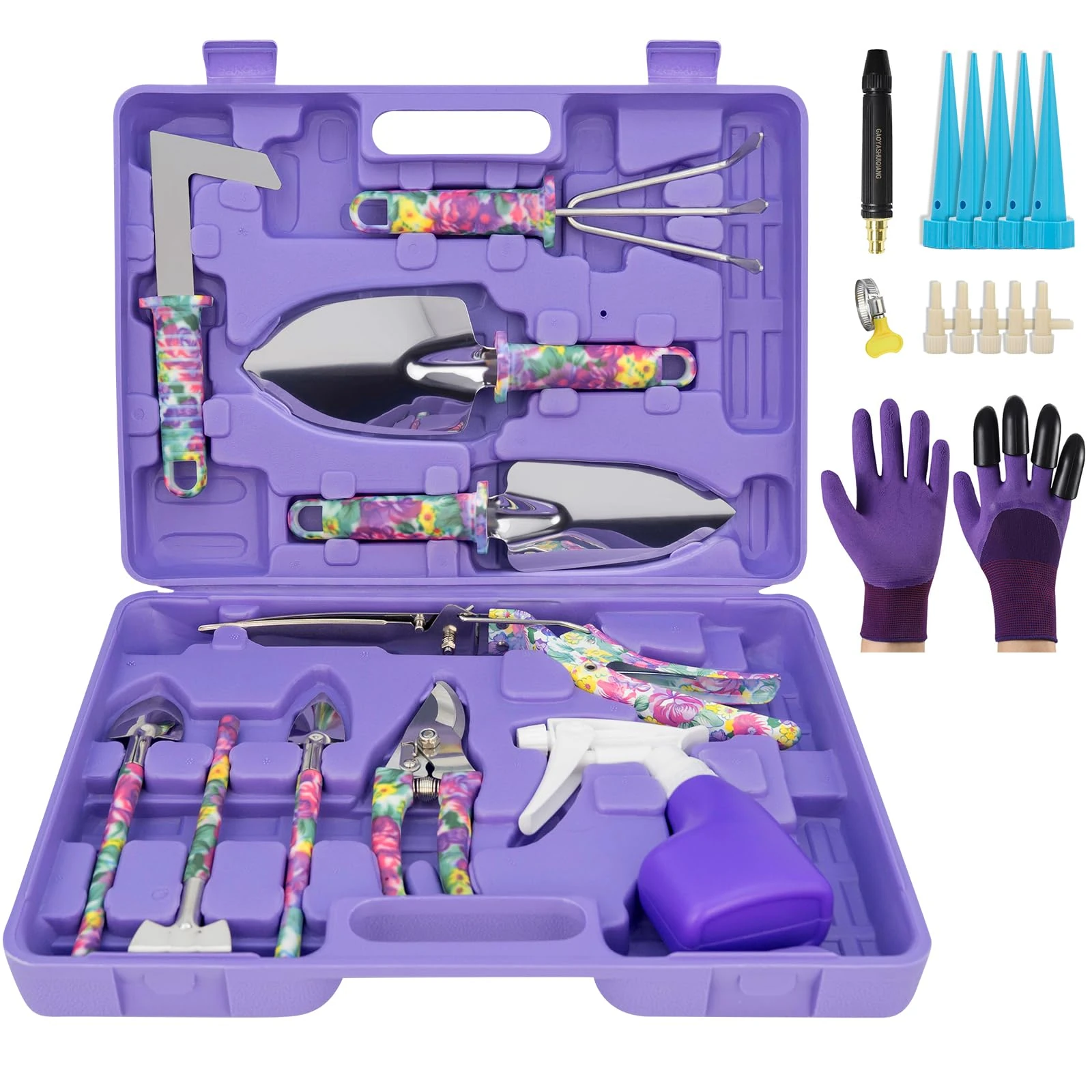 Garden Tool Set, 18-Piece Garden Tools with Floral Print, 304 Stainless Steel Garden Tools Set, Gardening Kit Gardening Gifts, Purple