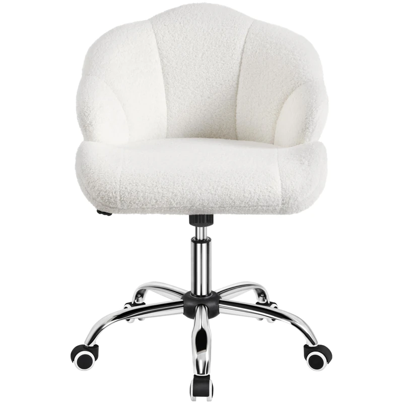 Yaheetech Teddy Boucle Vanity Office Desk Chair with Back & Wheels Dressing Table Chair Makeup Bedroom Upholstered Armless Swivel Chair with Shell Back for Home Office Snowy