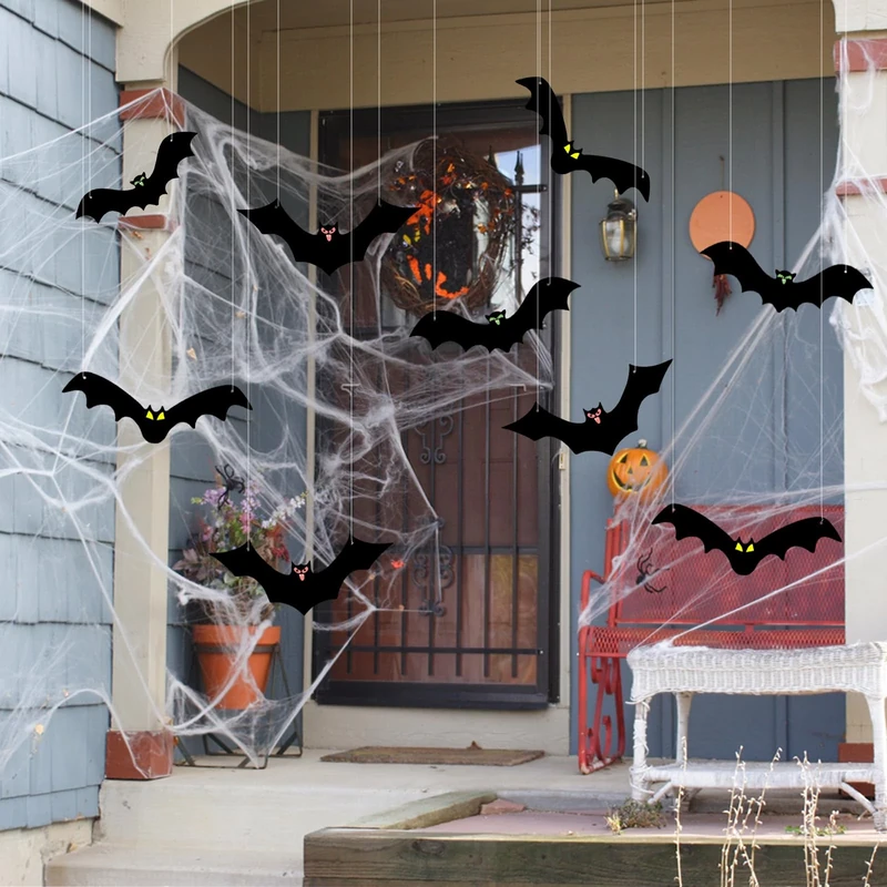 Halloween Hanging Bats, 12PCS Halloween Flying Bat Hanging Decorations Flying Bat with Glowing Eyes for halloween Decor Outdoor Yard Party Decoration Supplies
