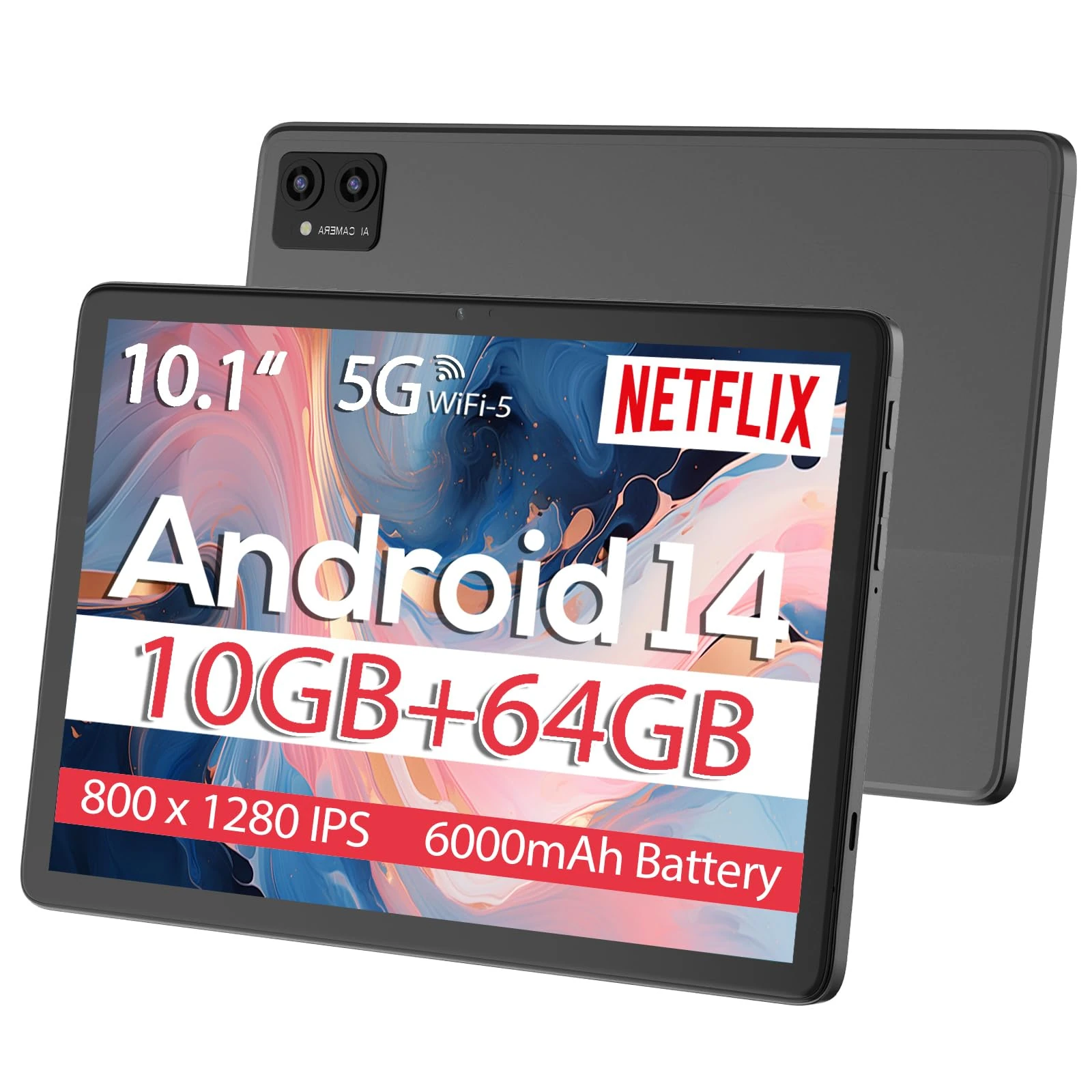 DigiLand 2025 Tablets, 10.1 Inch Android 14 Tablet, Octa-Core, 10GB RAM + 64GB ROM, 6000mAh Battery, 800 * 1280 IPS, Dual Camera, Wi-Fi 5, BT 5.0, Grey