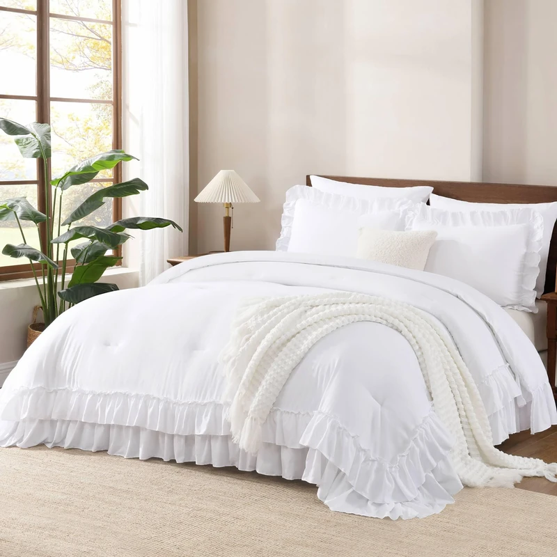 Andency White Ruffle Oversized King Comforter Set, 3 Pieces