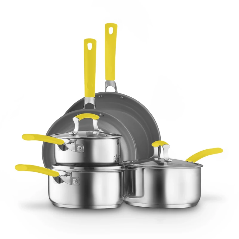 Sur La Table 5 Piece Yellow Cookware Set, 16/18/20cm Saucepans, 24/28cm Frying Pans Stainless Steel, Induction Compatible