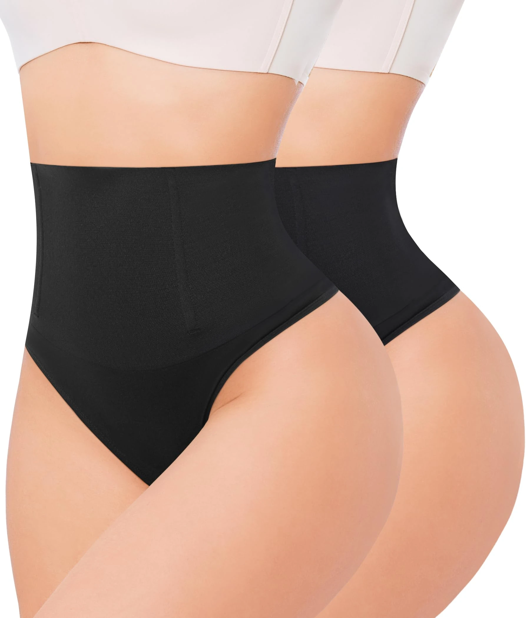 Nebility Tummy Control Thong Shapewear for Women High Waist Control Knickers Seamless Waist Trainer Panties Slimming Girdle Body Shaper Shaping Underwear 2-Pack(S, Black + Black)