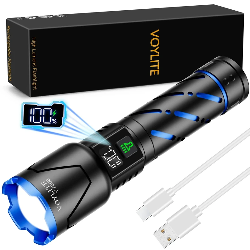Voylite Torches LED Super Bright 500000 Lumens with LCD Power Display, Rechargeable with 5000 mAh Battery, Powerful, 3 Lighting Modes, Zoomable, for Camping, Exploration, and Dog Walking