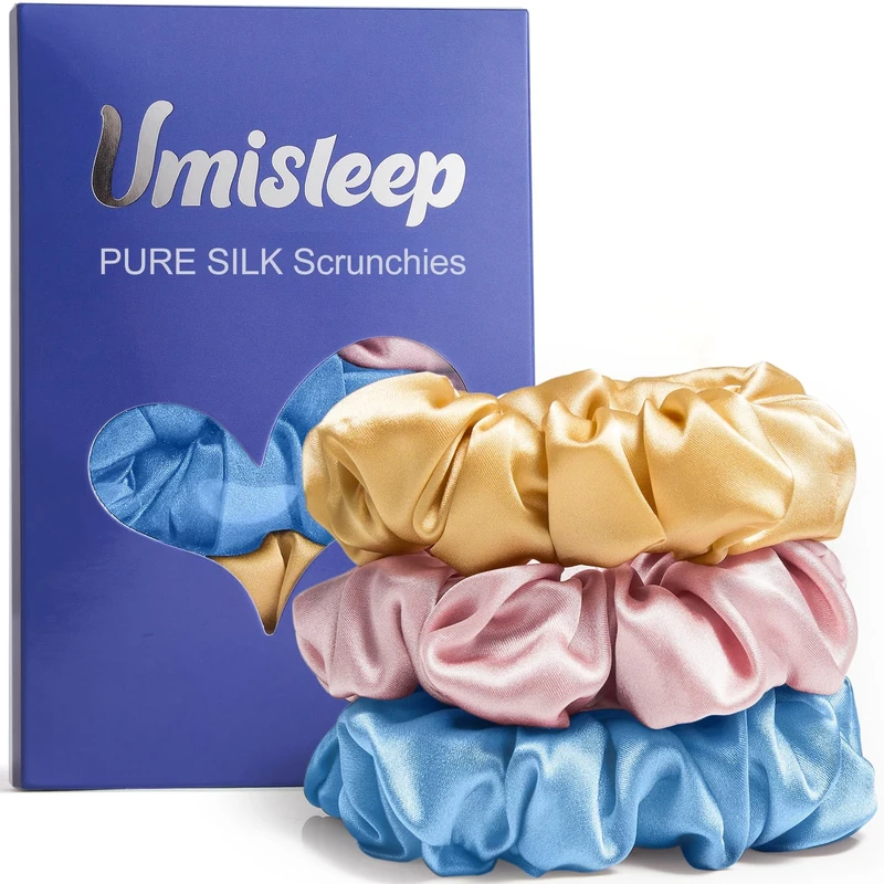 Umisleep Silk Scrunchies 22 Momme 100% Mulberry Silk Hair Ties for Less Frizz & Breakage Hair Bobbles for Women&Girls - 3 Pack Softer&Durable Elastic Hair Bands(Light pink,Light blue,Dark champagne)