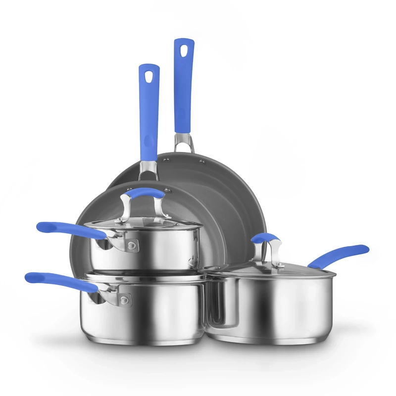 Sur La Table 5 Piece Blue Colour Me Happy Cookware Set, 16/18/20cm Saucepans, 24/28cm Frying Pans, 360° Pouring Lips, Comfortable Grip Stainless Steel, Induction Compatible