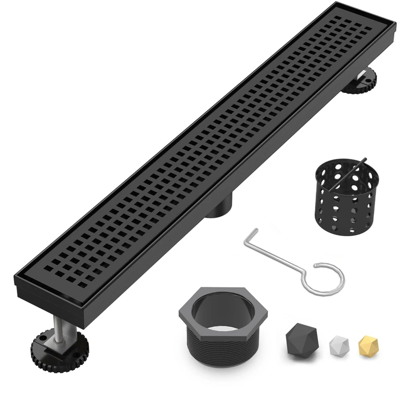 Linear Shower Drain | 24 Inch AISI 304 Stainless Steel Shower Drain, Matte Black Linear Drain with Removable Quadrato Grate Cover & Adjustable Feet, Rectangle Floor Drain, in Bathroom Balcony etc