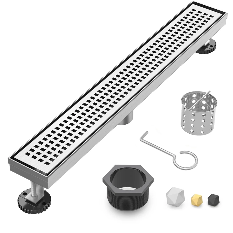 Linear Shower Drain | 24 Inch AISI 304 Stainless Steel Shower Drain, Brushed Nickel Linear Drain with Removable Quadrato Grate Cover & Adjustable Feet, Rectangle Floor Drain, in Bathroom Balcony etc