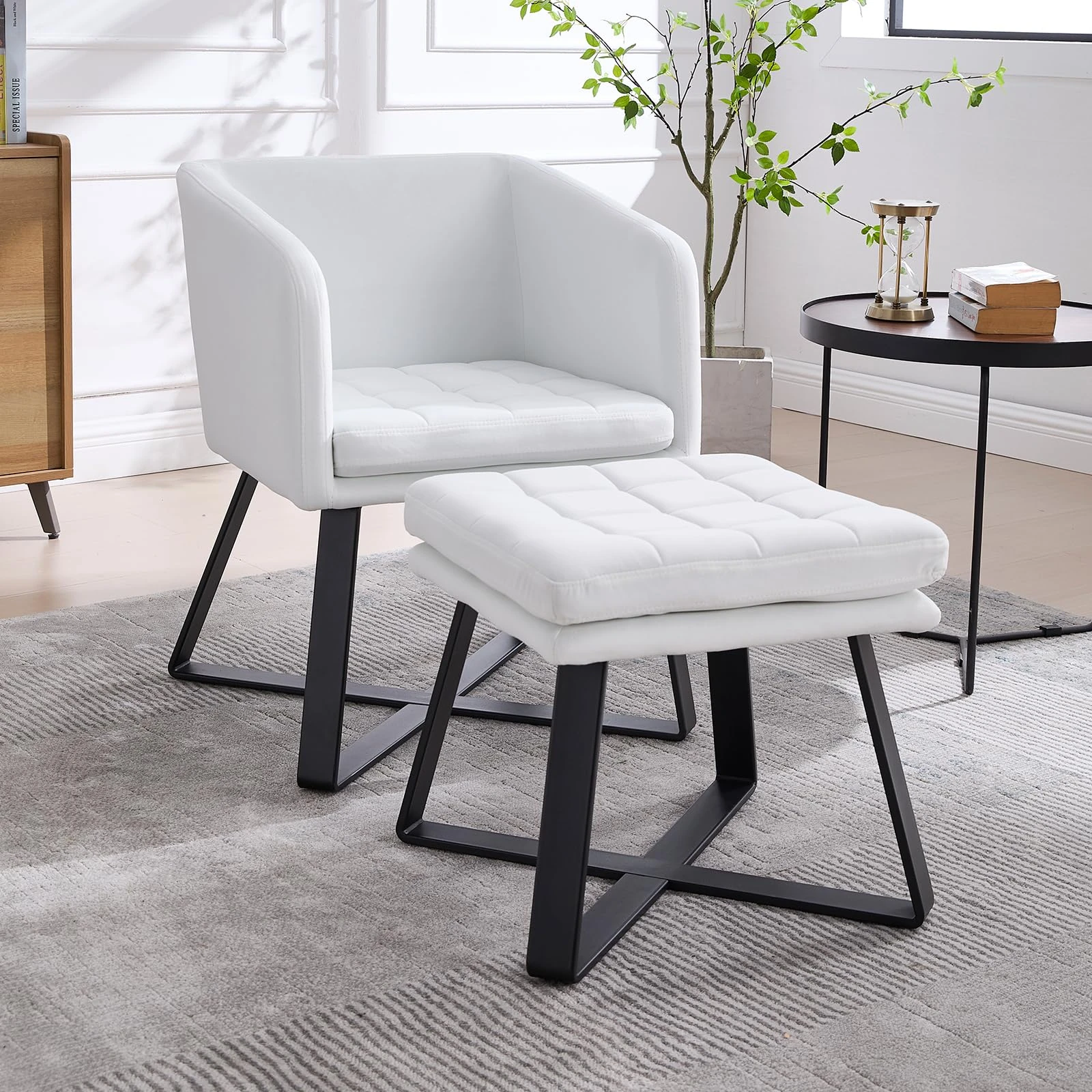 chairus Velvet Accent Armchair with Footstool Upholstered Tub Chair for Living Room Reading Chair with Metal Legs (Beige)