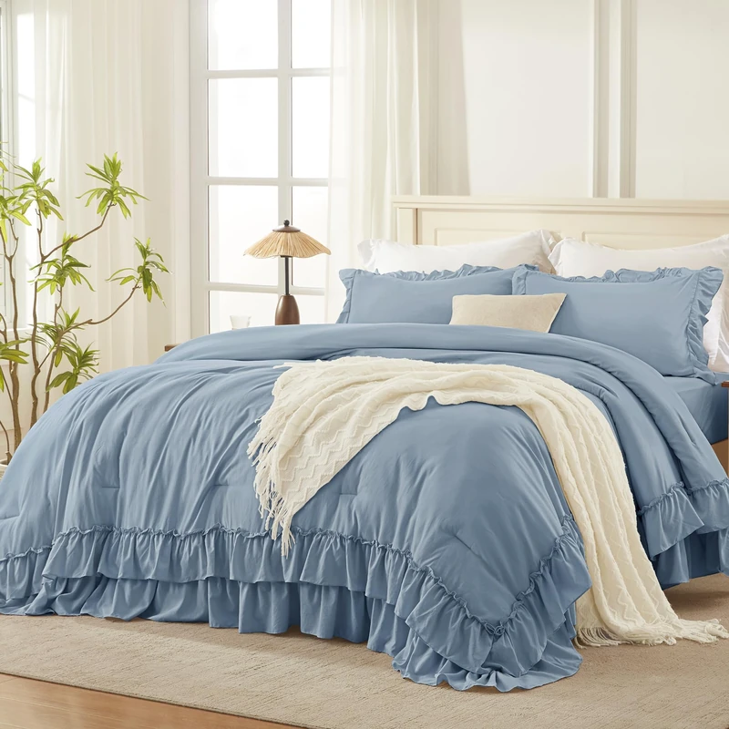 Andency Grayish Blue Ruffle Oversized King Comforter Set, 3 Pieces