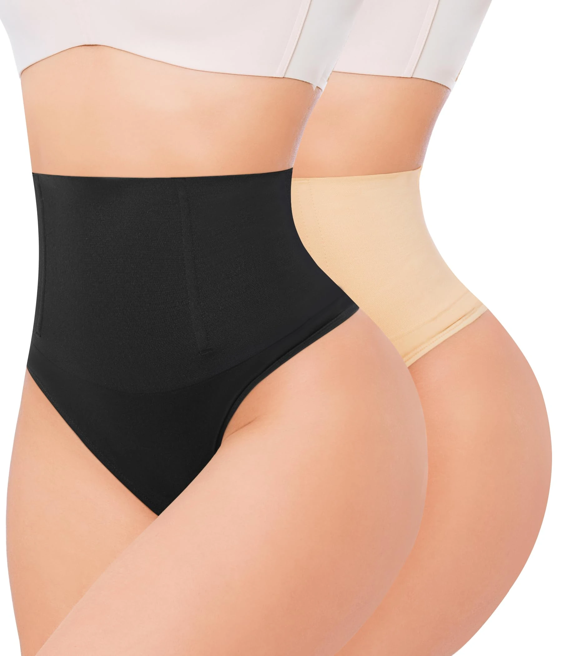 Nebility Thong Shapewear for Women Tummy Control Knickers High Waist Butt Lifter Seamless Slimming Girdle Body Shaper Shaping Underwear 2-Pack(S, Black + Beige)