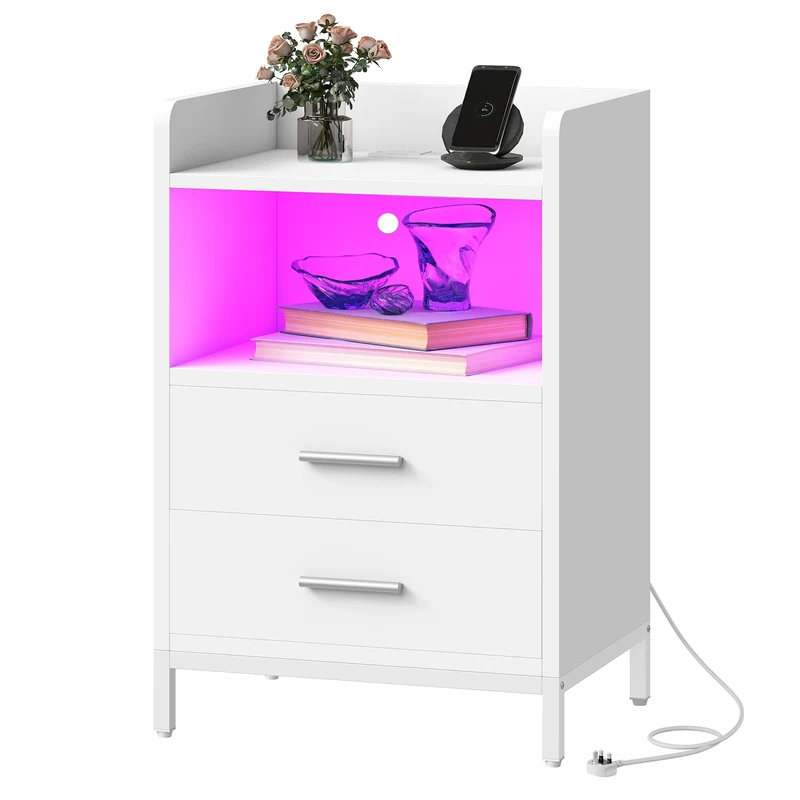 DWVO White Nightstand with Charging Station, Bedside Table with 2 Drawers, Built-In LED Lights, 2 Outlets & 2 USB Ports, Compact Side Table for Bedroom or Living Room, 43 x 40 x 71cm, White