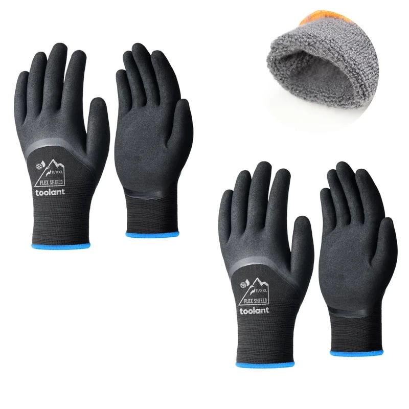 toolant 2 Pairs Winter Work Gloves for Men & Women, 3/4 Waterproof Freezer Gloves with Dual-Layer Latex Coating, Thermal Insulated for Cold Weather, Grip, Touchscreen, 2XL, Black