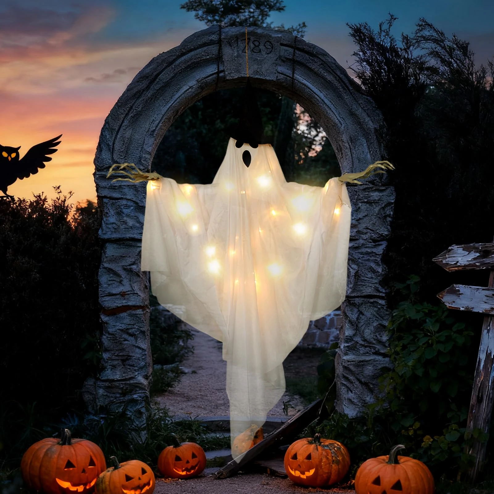 SUNBEAUTY Halloween Decorations Outdoor, Indoor Hanging Ghosts Halloween Decor Spooky Hanging Ghosts With Light Hallowee n Decoration for Party Porches Yards Gardens Lawn