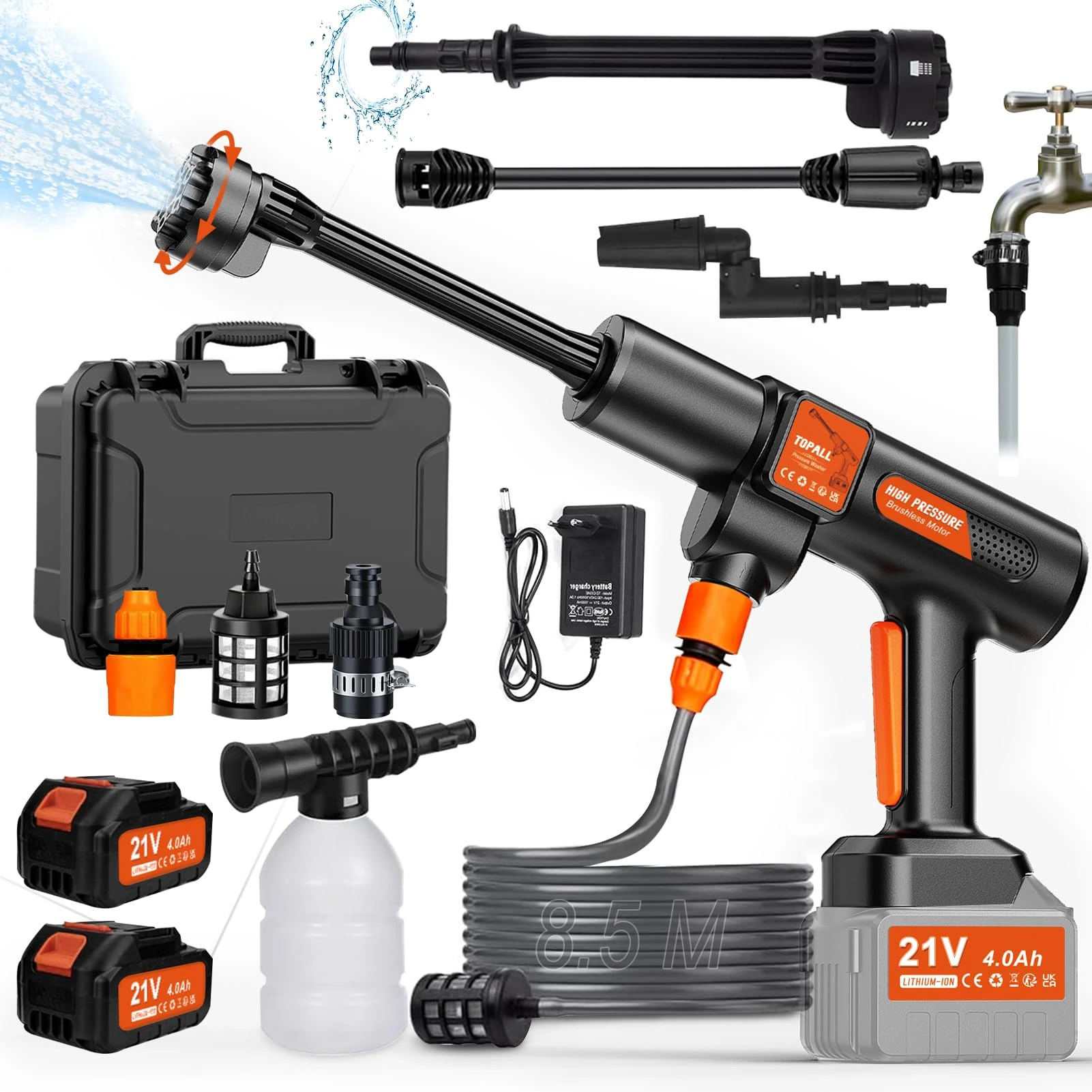 TOPALL Cordless Pressure Washer Max 45 Bar/652PSI,Portable Pressure Washer Battery Powered with 2*4Ah Batteries,8.5M Hose,6-in-1 Nozzle,Portable Cordless Jet Wash for Car,Floor,Garden Cleaning,TOP-01