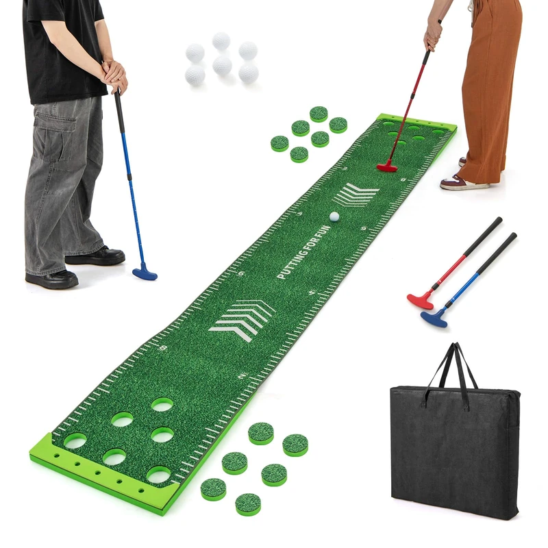 GYMAX Golf Pong Game Set, Portable Putting Green Mat with 2 Adjustable Putters, 6 Balls, Carrying Bag, Golf Putting Mat for Party, Practice, Home, Backyard (Green)